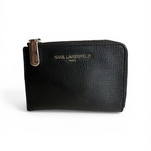 Karl Lagerfeld Black Pebbled Zip Card Wallet with Silver Logo